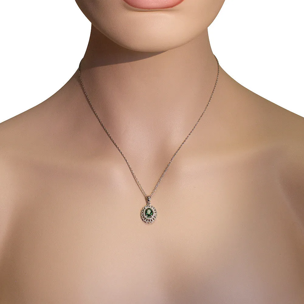 925 Sterling Silver Green Emerald-Tone CZ Filigree Pendant Necklace Ring Jewelry Set