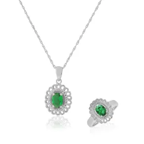 925 Sterling Silver Green Emerald-Tone CZ Filigree Pendant Necklace Ring Jewelry Set