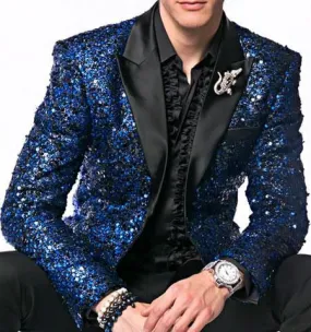 Alberto Nardoni Brand Fashion Men's Sequin Paisley Navy Blue ~ Black Dinner Jacket Tuxedo Blazer Glitter Sparkly Sport Coat