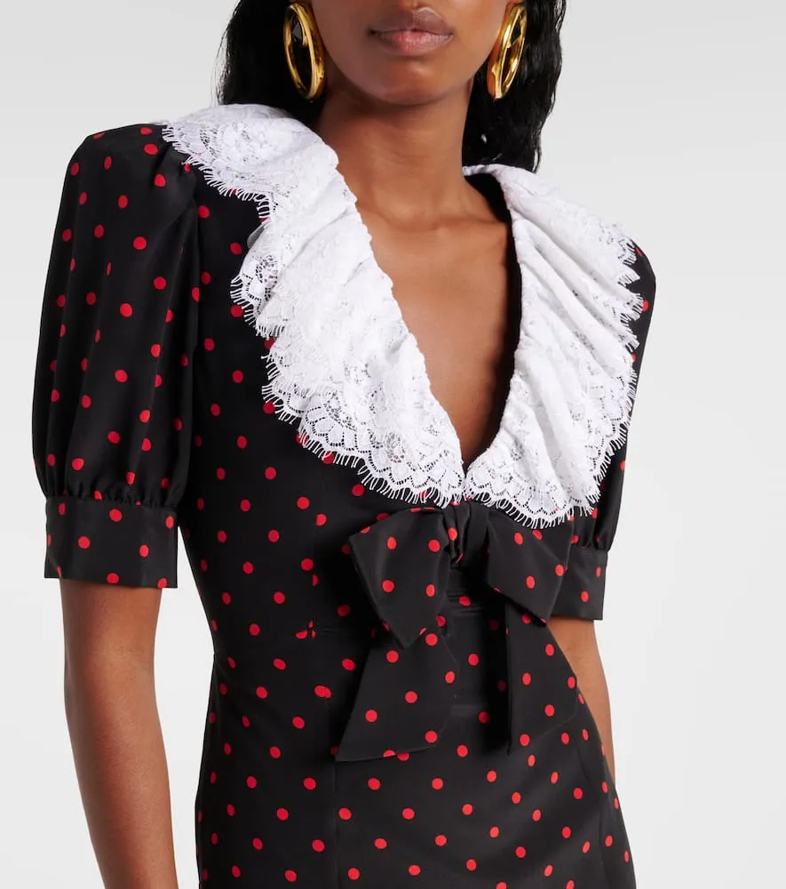 Alessandra Rich Polka-dot lace-trimmed silk midi dress