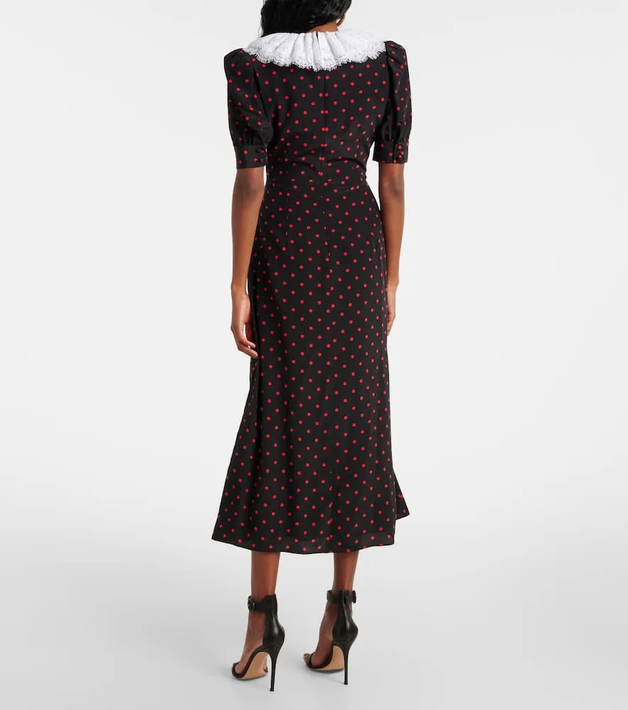 Alessandra Rich Polka-dot lace-trimmed silk midi dress