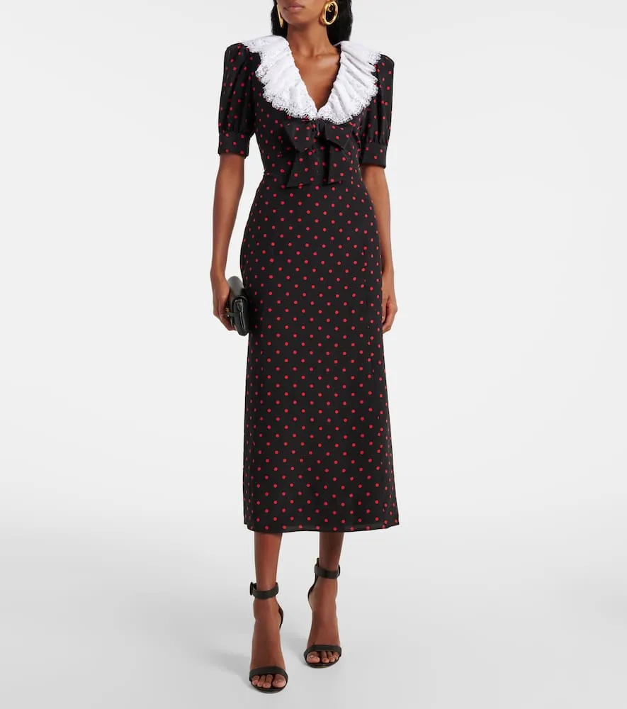 Alessandra Rich Polka-dot lace-trimmed silk midi dress