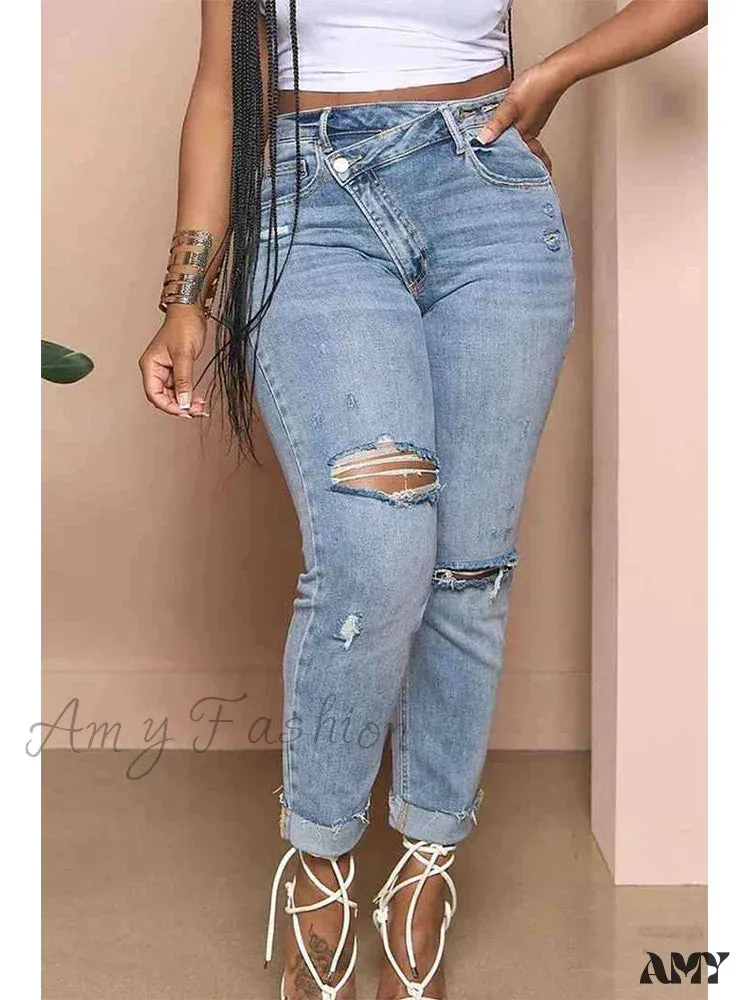Amy Fashion - Classic Fashion Stretch Ripped Streetwear Denim Jean