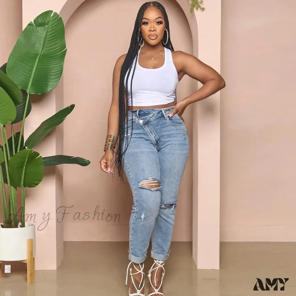 Amy Fashion - Classic Fashion Stretch Ripped Streetwear Denim Jean