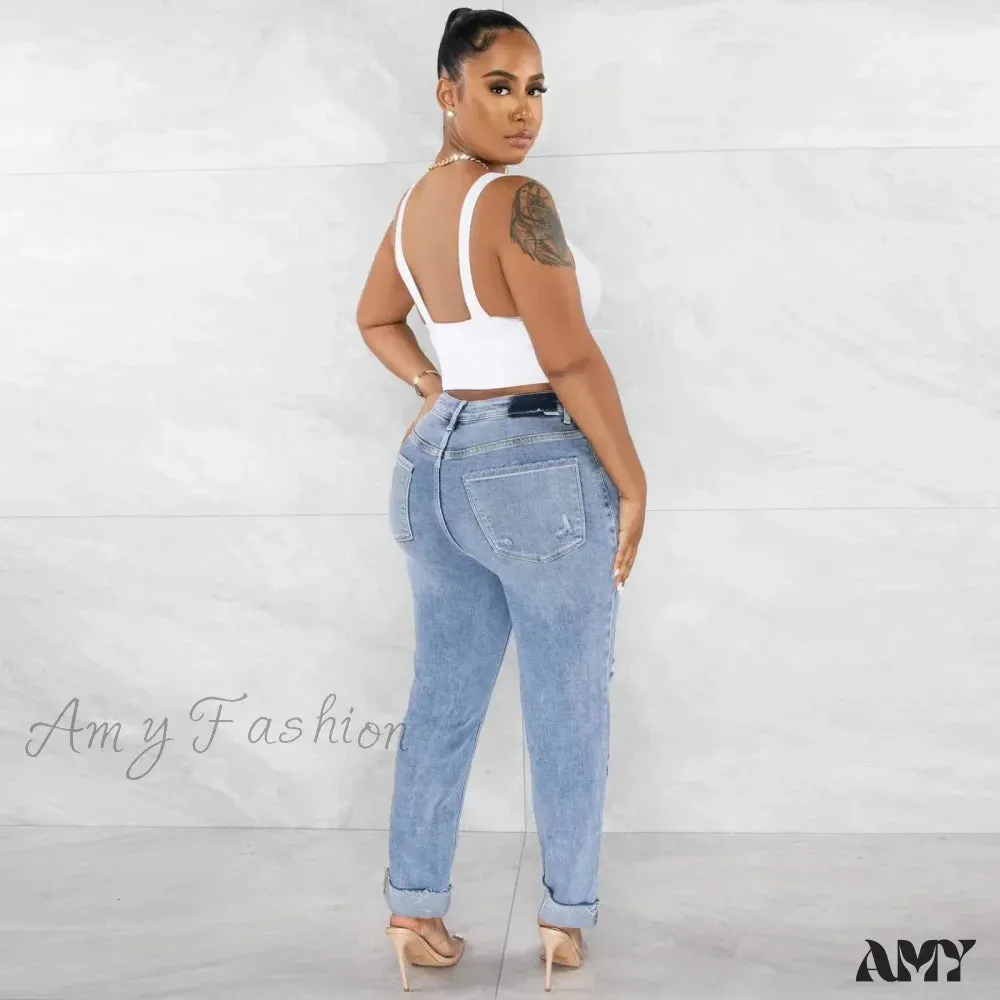 Amy Fashion - Classic Fashion Stretch Ripped Streetwear Denim Jean