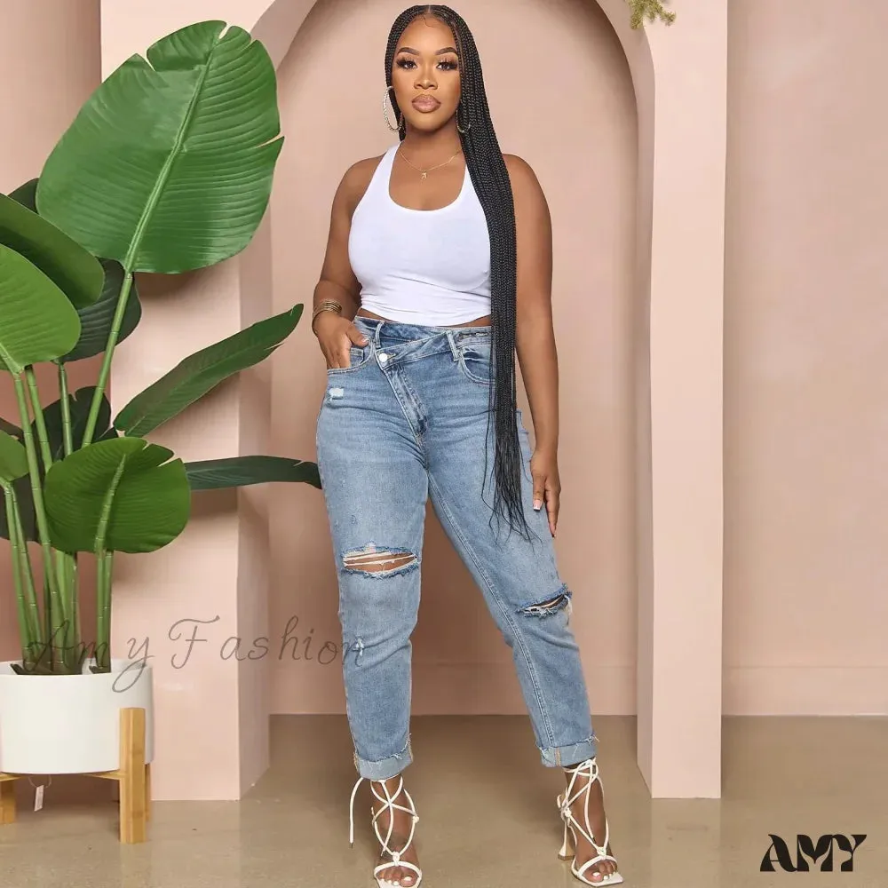 Amy Fashion - Classic Fashion Stretch Ripped Streetwear Denim Jean