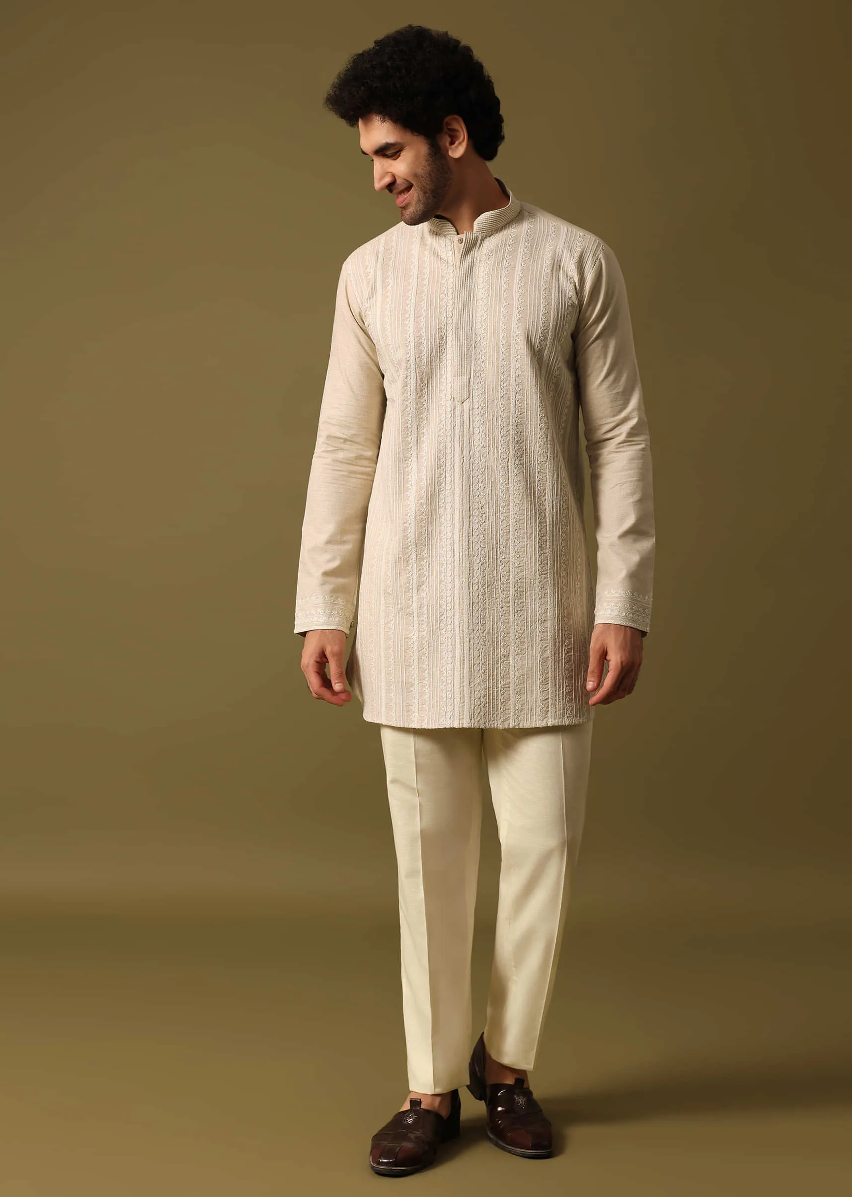Beige Cotton Kurta Set With Resham Work For Men