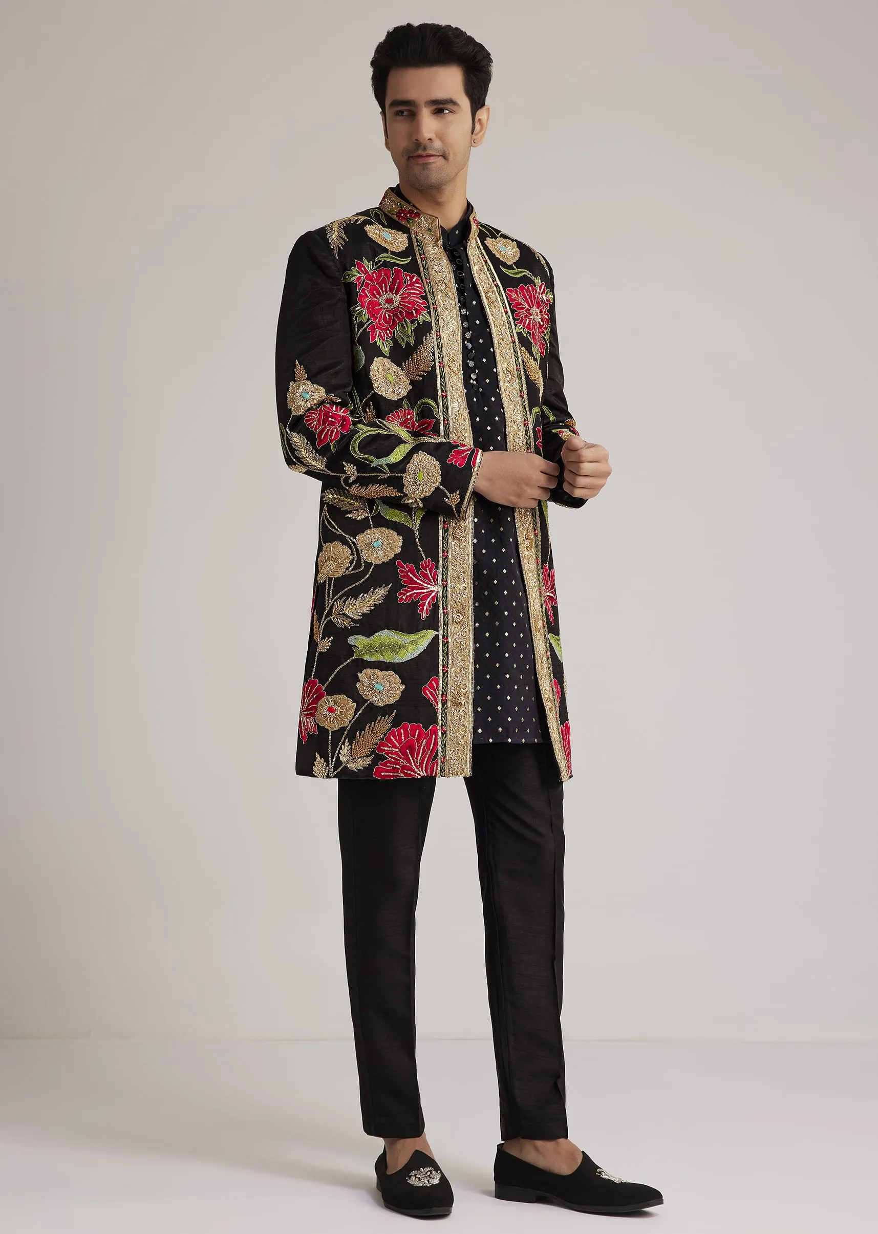 Black Silk Floral Hand Embroidered Indowestern Jacket Set