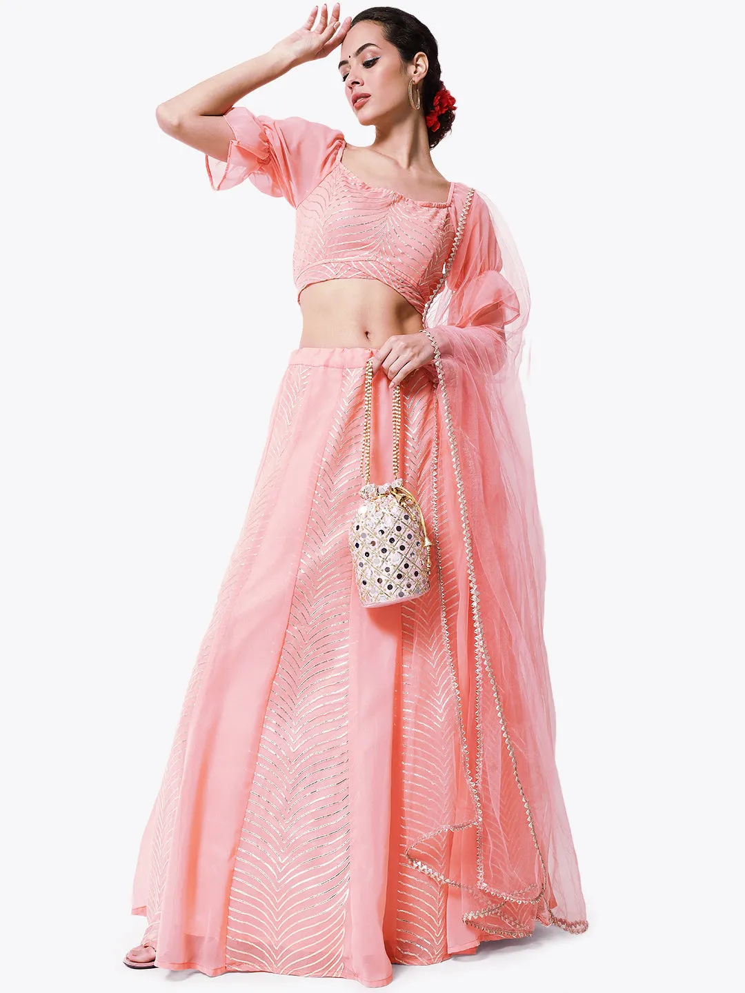 Georgette Gota Embroidered Kalidaar Skirt with Can-can