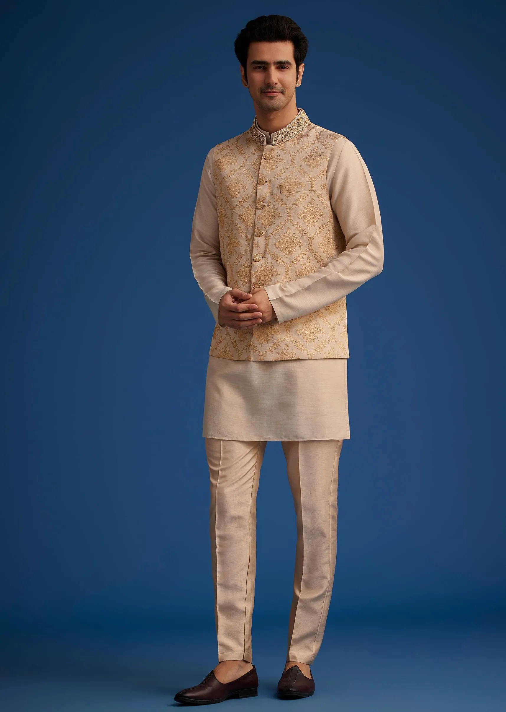 Gold Beige Banarasi Silk Kurta Jacket Set With Self Work