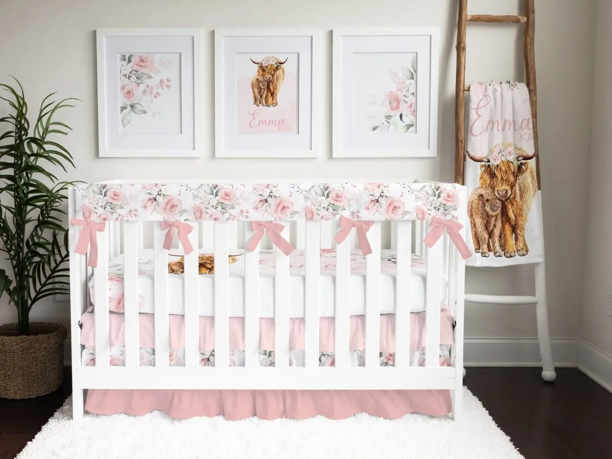 Highland Cow Floral Ruffled Crib Skirt