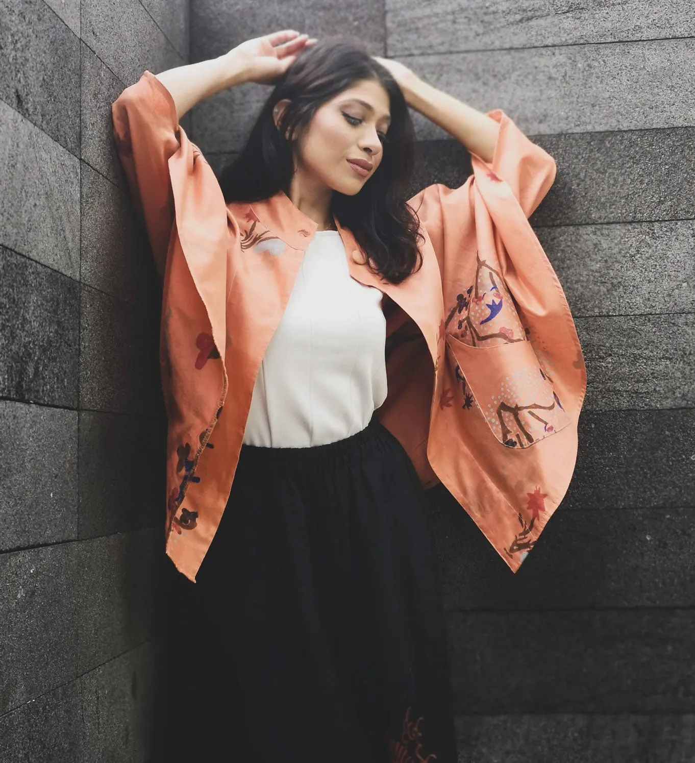 JACKET - ZEN GARDEN CHANDERI [COTTON-SILK MIX ]BLOCK PRINTED  CORAL