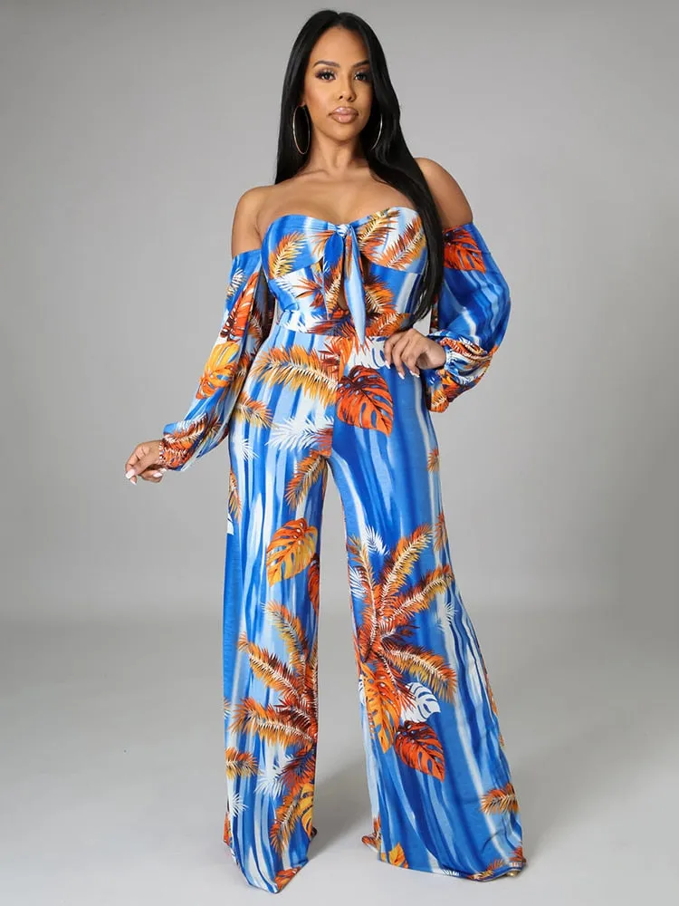 Jump Suits for Women  Tropical Print Off The Shoulder Lace Up Decorative Jumpsuit One Fashion Casual Pieces for Women Female