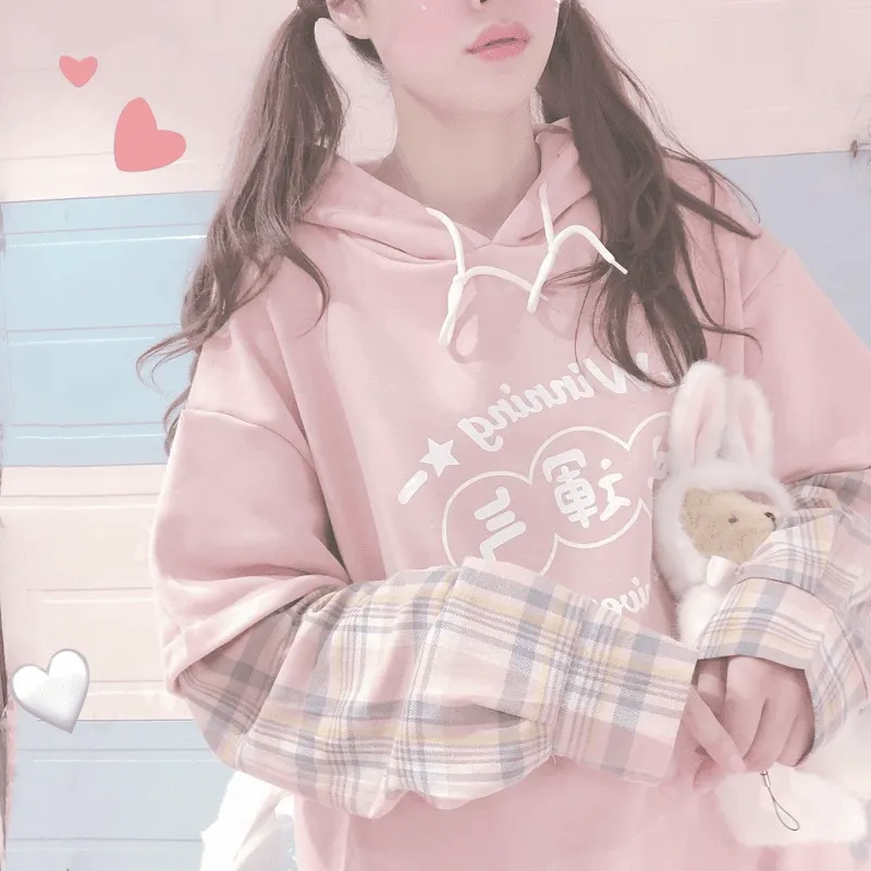Kawaii Pink Long Sleeve Fake Two Piece Hoodies