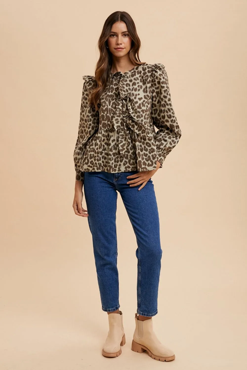 Leopard Print Tied Peplum Blouse