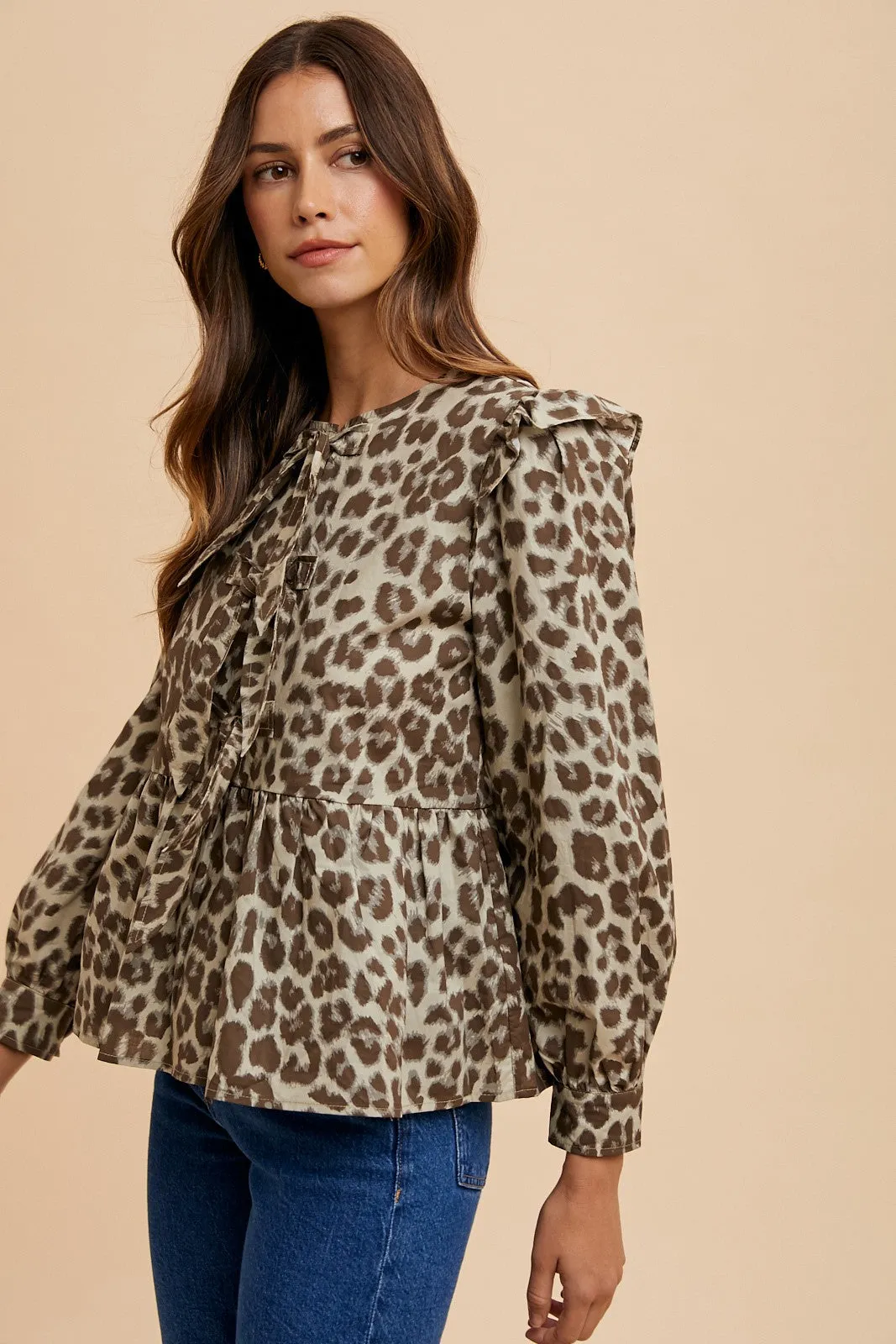 Leopard Print Tied Peplum Blouse