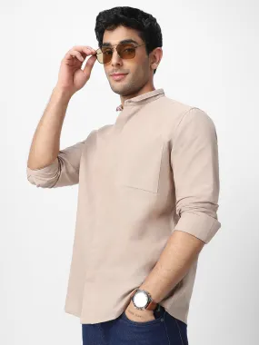 Men's Brown Cotton Full Sleeve Regular Fit Casual Solid Shirt with Band Collar