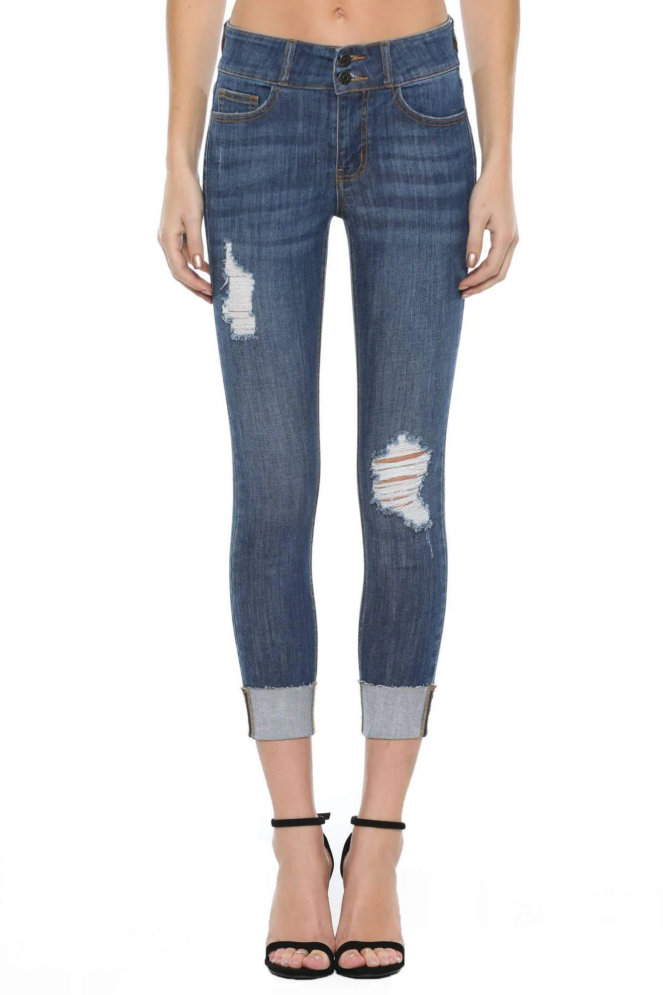 Mid Rise 2 Button Destroyed Skinny