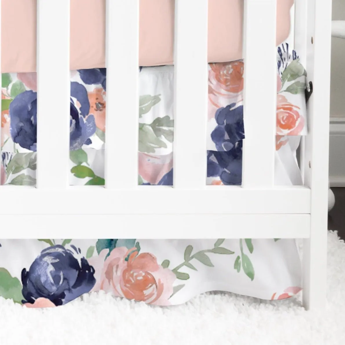 Peach & Navy Floral Ruffled Crib Skirt