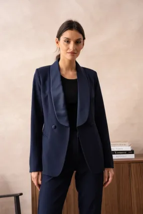 Plain Fitted Smoking Jacket  Navy
