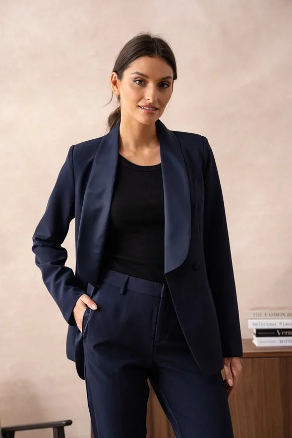 Plain Fitted Smoking Jacket  Navy