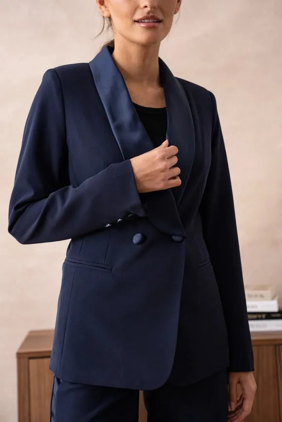 Plain Fitted Smoking Jacket  Navy