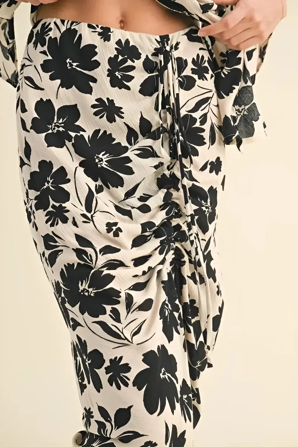 PRINTED RUCHING SKIRT AND TIE BLOUSE