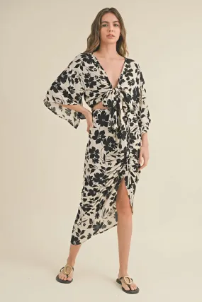 PRINTED RUCHING SKIRT AND TIE BLOUSE