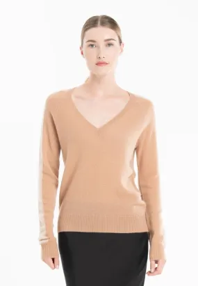 Ria 1 V-Neck Sweater with Band On the Sleeves in Light Camel/Beige Cashmere