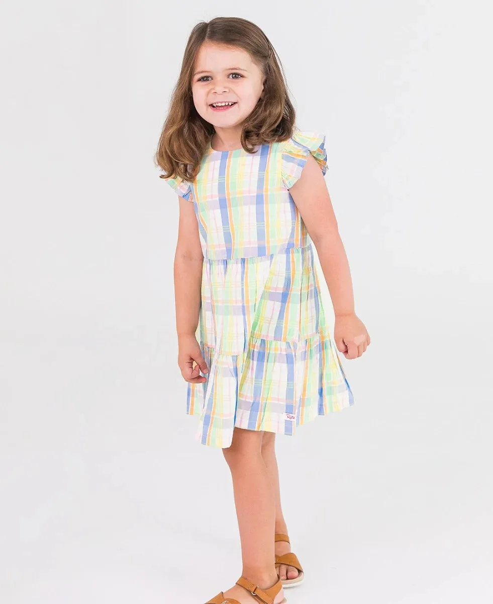 Ruffle Butts Clubhouse Rainbow Plaid Flutter Sleeve Tiered Dress
