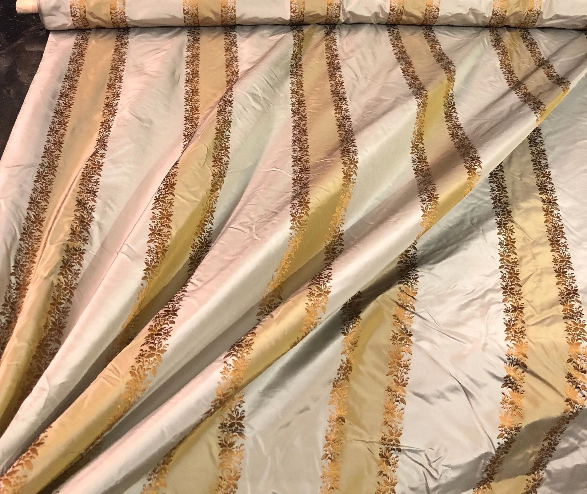 Silk taffeta 54&quot; wide   Beautiful grayish taupe rust gold stripe with ruat gold striped floral jaquard silk taffeta fabric sold by the yard