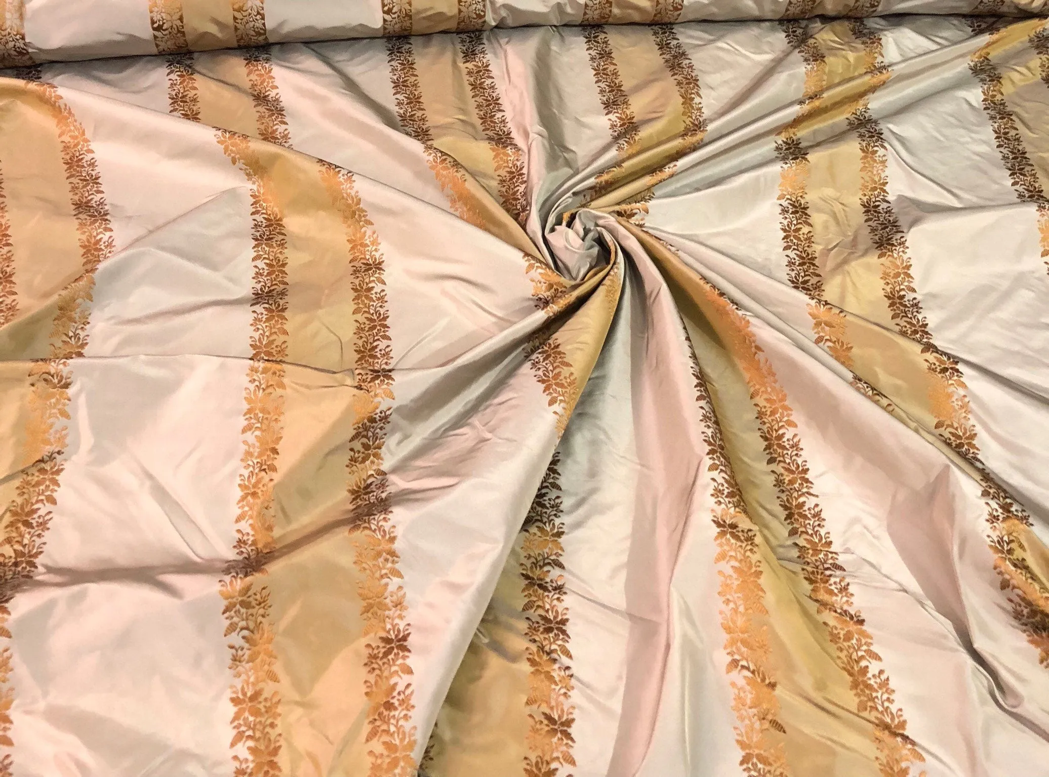 Silk taffeta 54&quot; wide   Beautiful grayish taupe rust gold stripe with ruat gold striped floral jaquard silk taffeta fabric sold by the yard