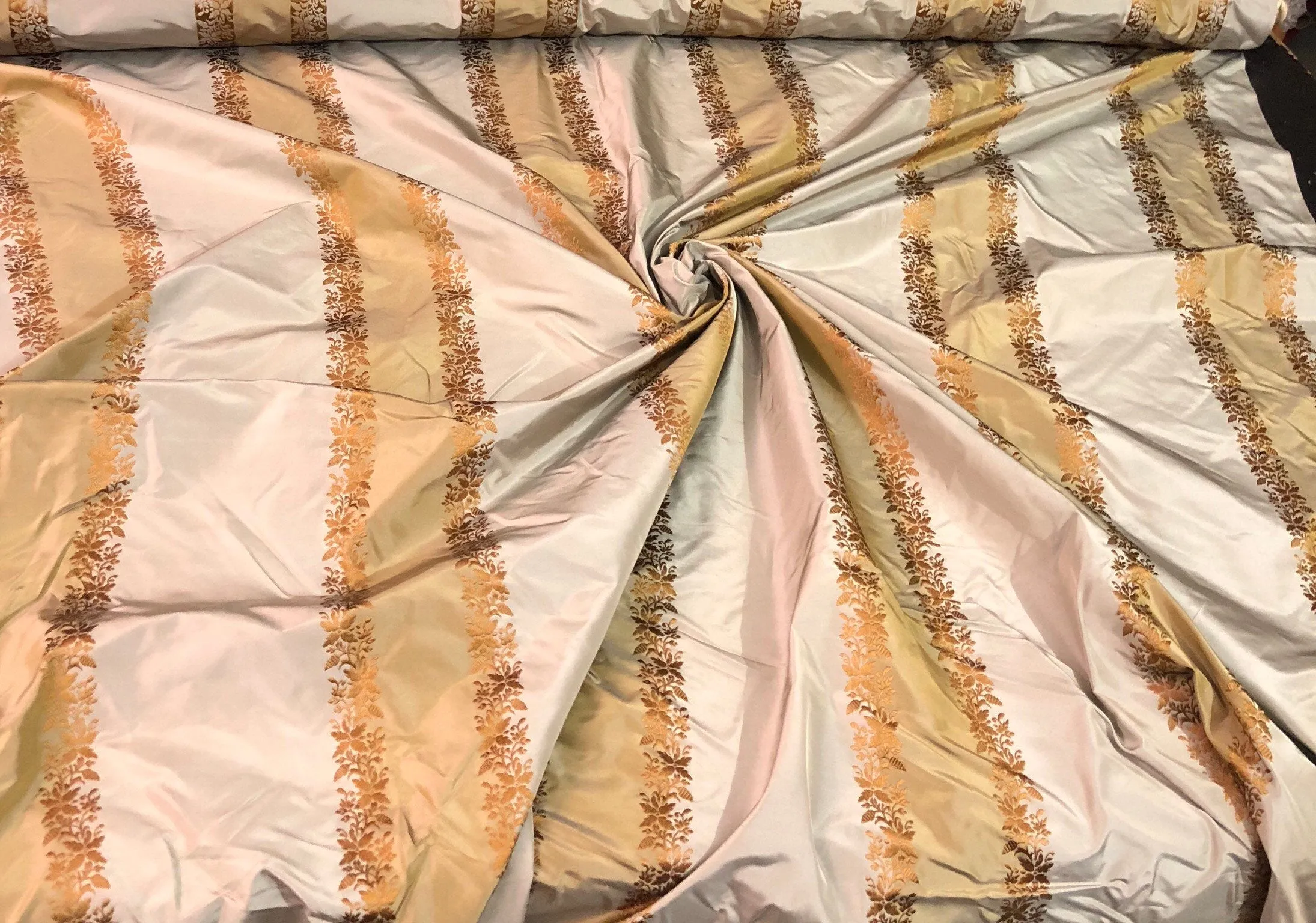 Silk taffeta 54&quot; wide   Beautiful grayish taupe rust gold stripe with ruat gold striped floral jaquard silk taffeta fabric sold by the yard