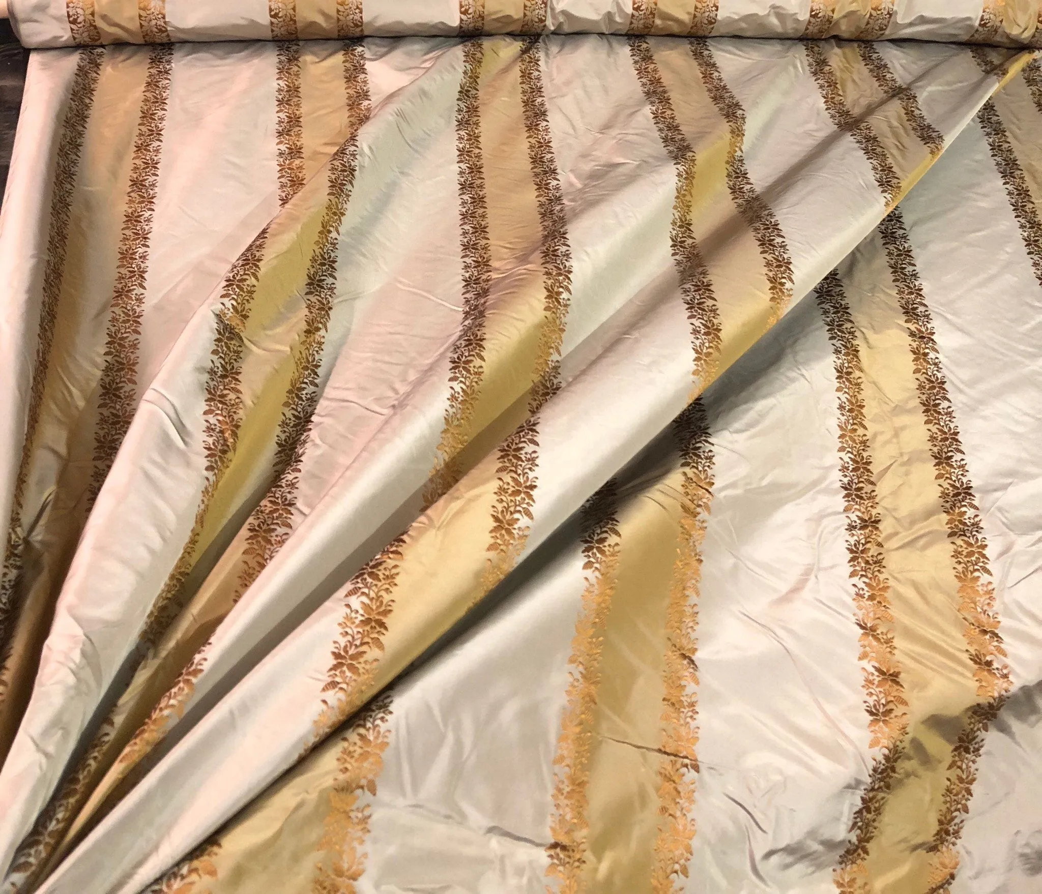 Silk taffeta 54&quot; wide   Beautiful grayish taupe rust gold stripe with ruat gold striped floral jaquard silk taffeta fabric sold by the yard