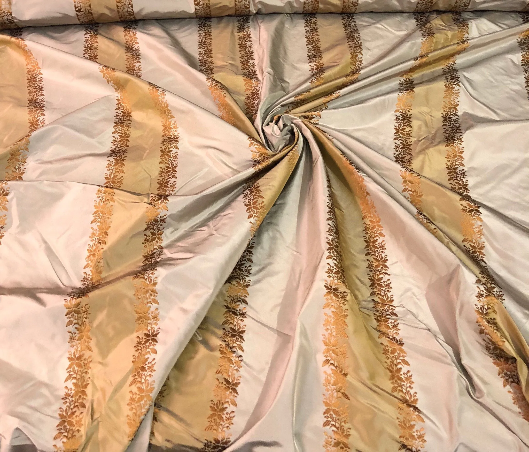 Silk taffeta 54&quot; wide   Beautiful grayish taupe rust gold stripe with ruat gold striped floral jaquard silk taffeta fabric sold by the yard
