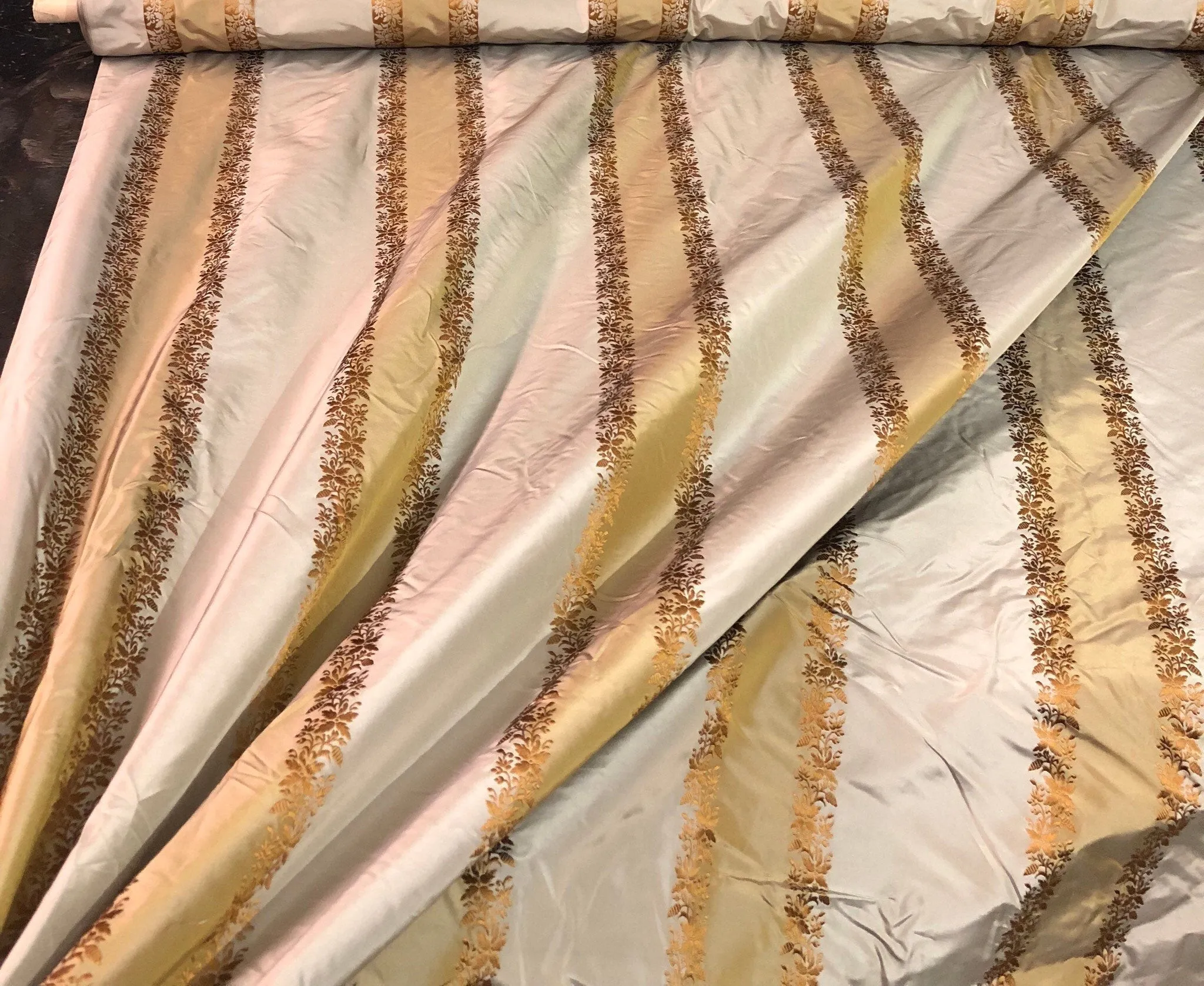 Silk taffeta 54&quot; wide   Beautiful grayish taupe rust gold stripe with ruat gold striped floral jaquard silk taffeta fabric sold by the yard