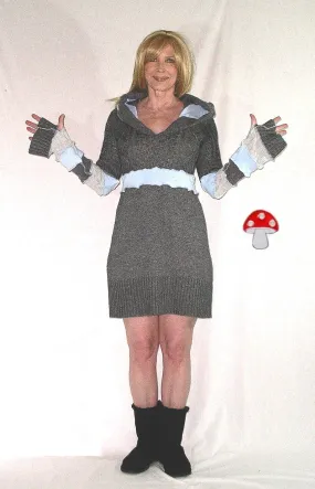 Stormy Skies Elf Hoodie Dress Blue Gray Charcoal Fairy Tunic Cable Knit Cozy Soft Pixie Mini Bell Sleeves Size Medium