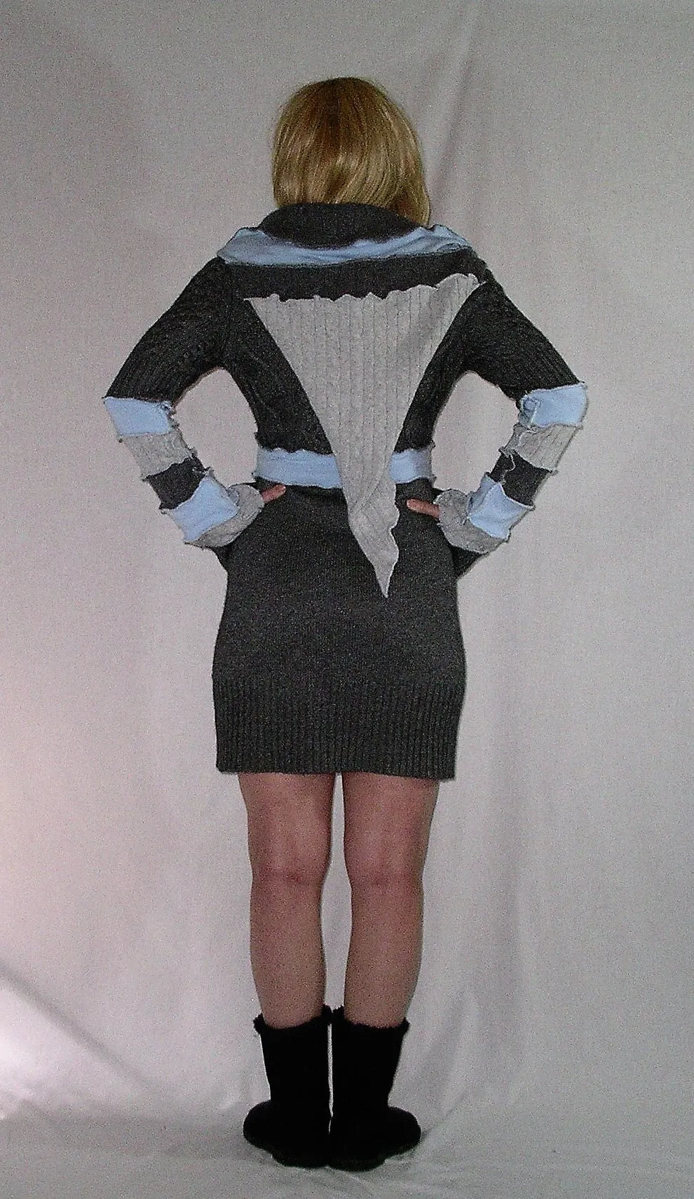 Stormy Skies Elf Hoodie Dress Blue Gray Charcoal Fairy Tunic Cable Knit Cozy Soft Pixie Mini Bell Sleeves Size Medium