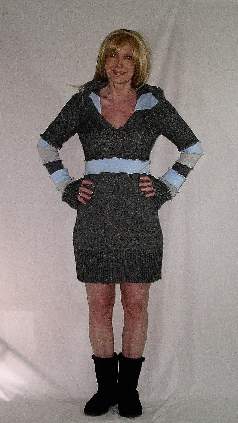 Stormy Skies Elf Hoodie Dress Blue Gray Charcoal Fairy Tunic Cable Knit Cozy Soft Pixie Mini Bell Sleeves Size Medium
