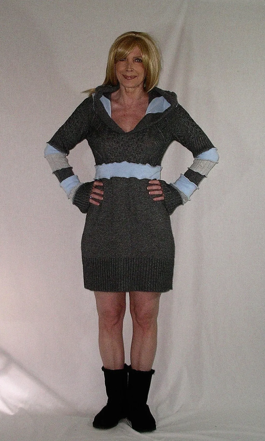 Stormy Skies Elf Hoodie Dress Blue Gray Charcoal Fairy Tunic Cable Knit Cozy Soft Pixie Mini Bell Sleeves Size Medium