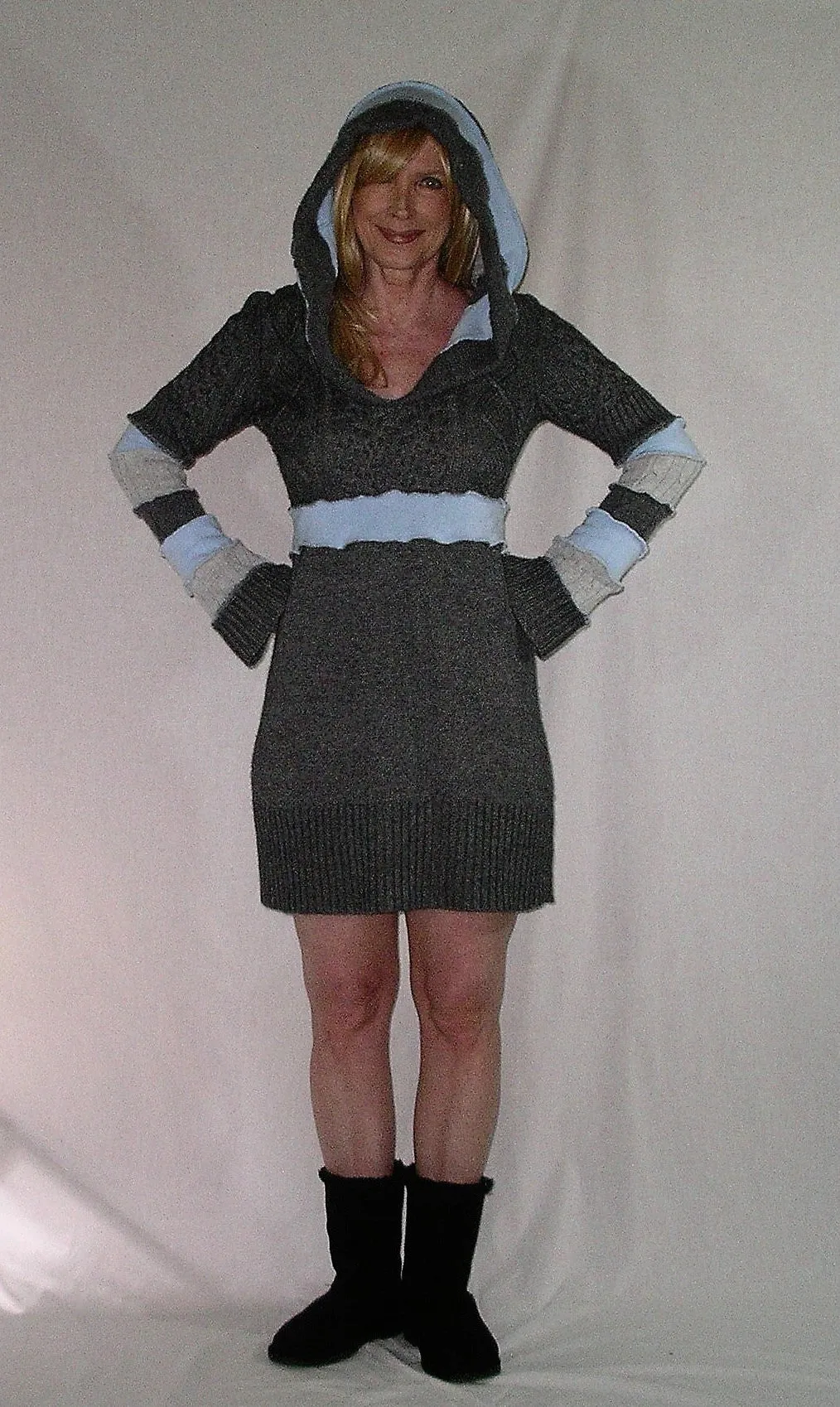 Stormy Skies Elf Hoodie Dress Blue Gray Charcoal Fairy Tunic Cable Knit Cozy Soft Pixie Mini Bell Sleeves Size Medium