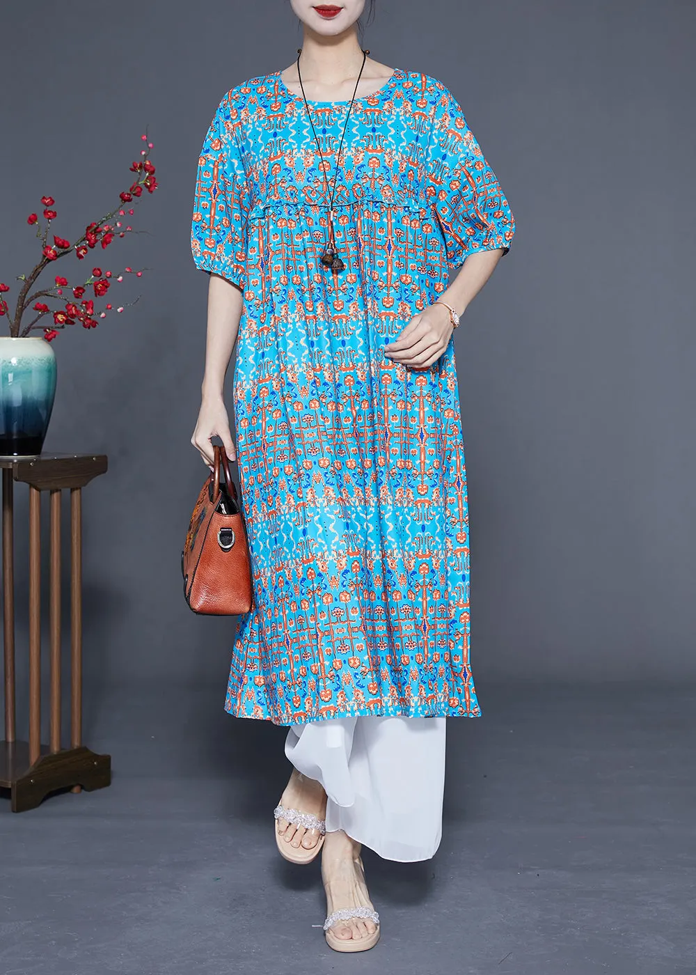 Stylish Blue Ruffled Print Silk Long Dresses Summer LY1108