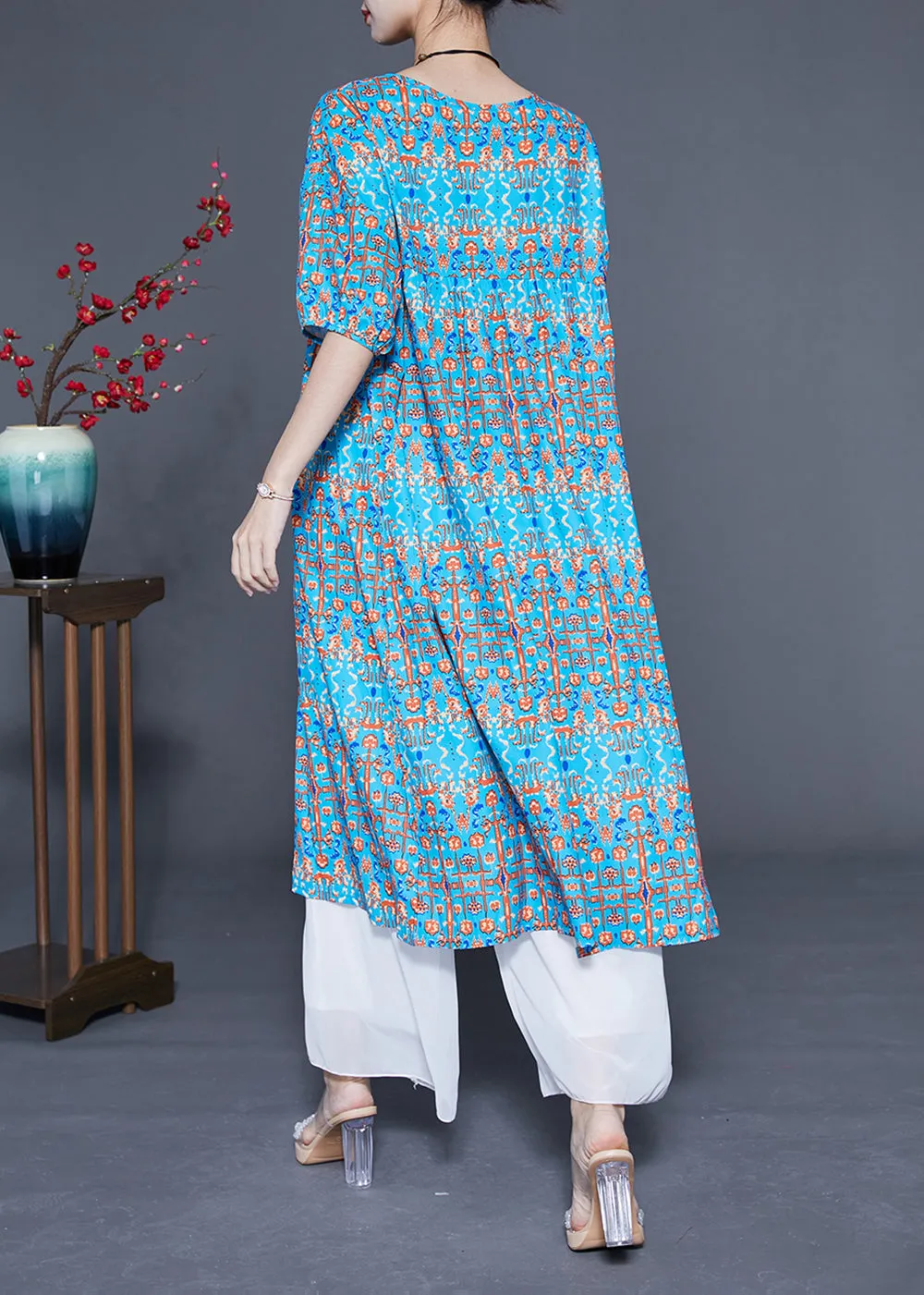 Stylish Blue Ruffled Print Silk Long Dresses Summer LY1108