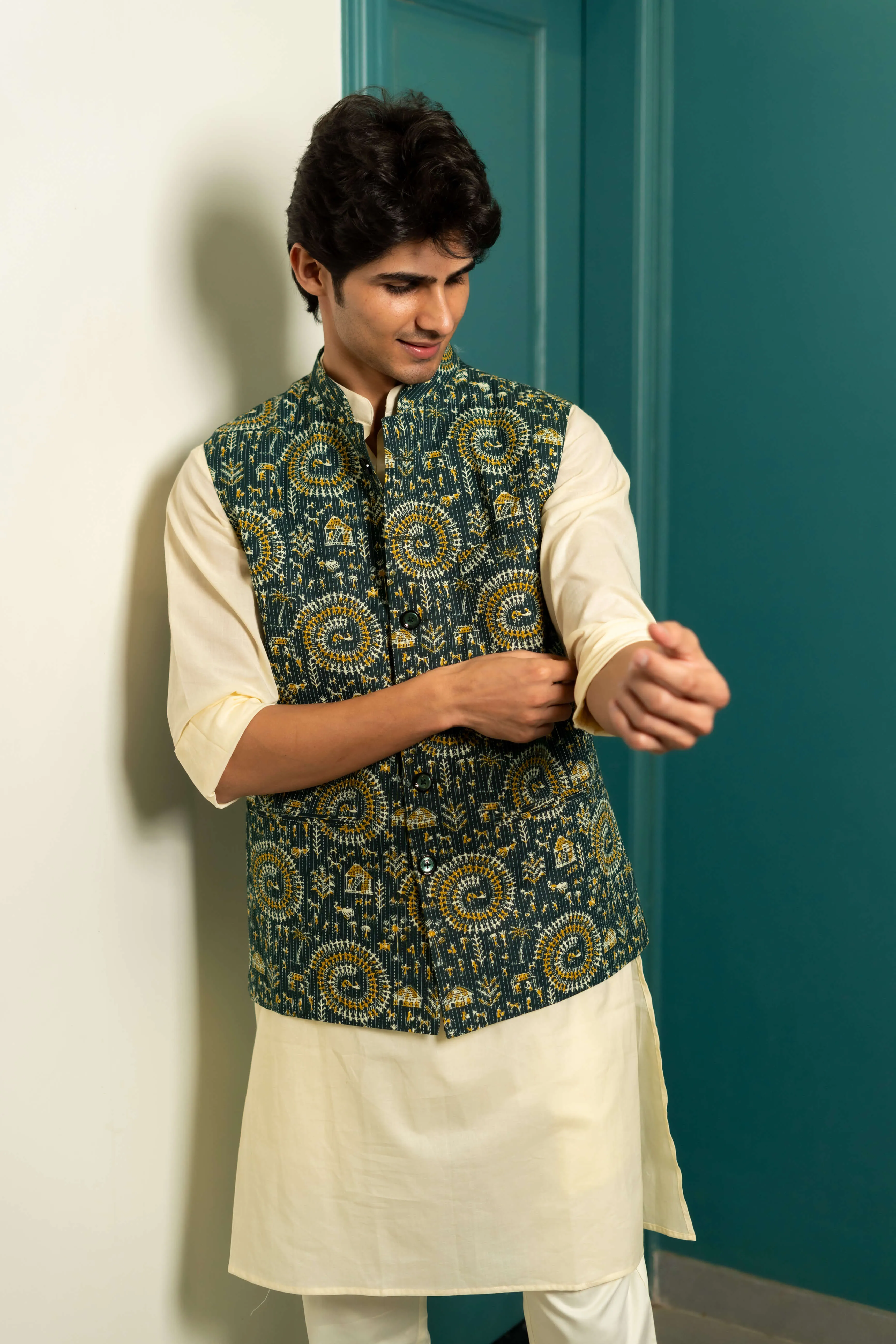 The Dark Green Kantha Work Nehru Jacket With Tribal Print