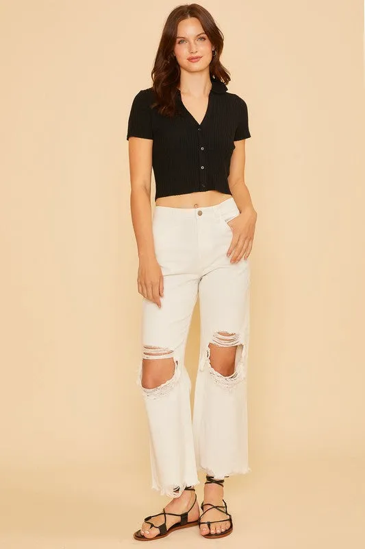 White Distressed Raw Hem Wide-Leg Jeans