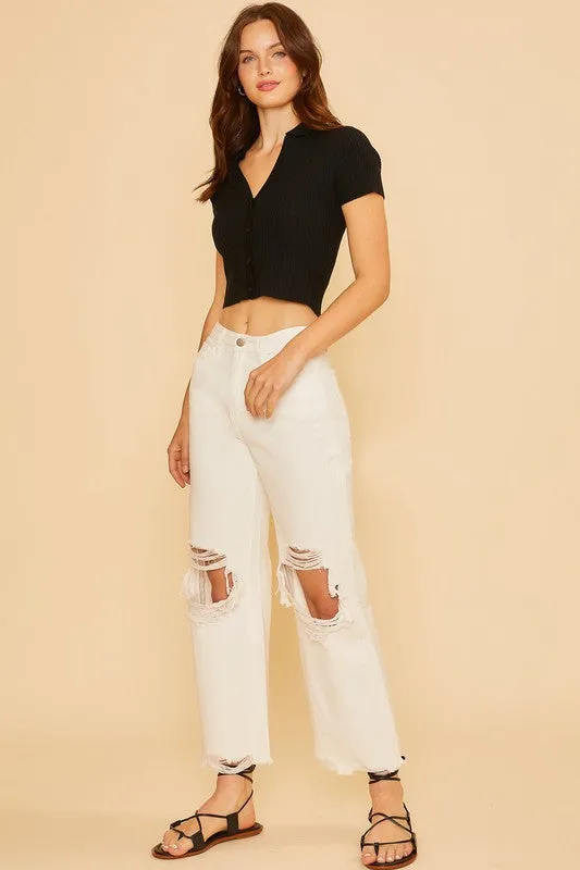 White Distressed Raw Hem Wide-Leg Jeans