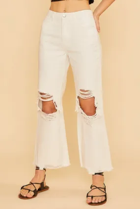 White Distressed Raw Hem Wide-Leg Jeans
