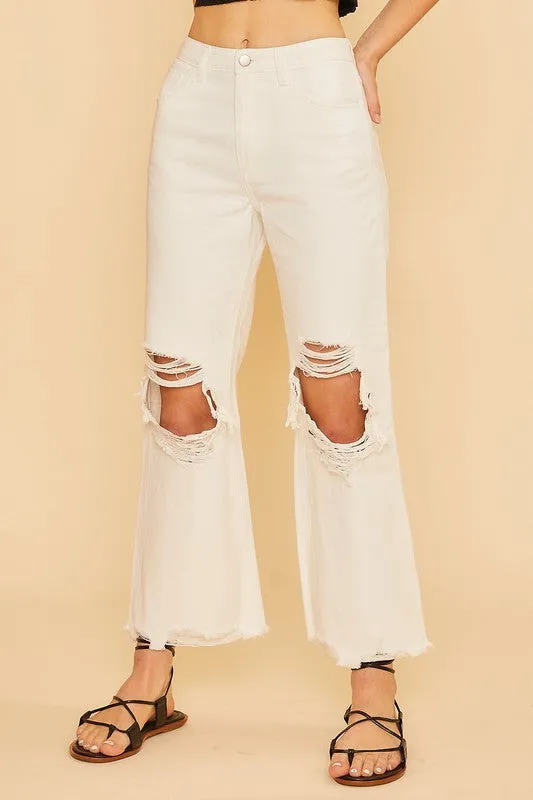 White Distressed Raw Hem Wide-Leg Jeans