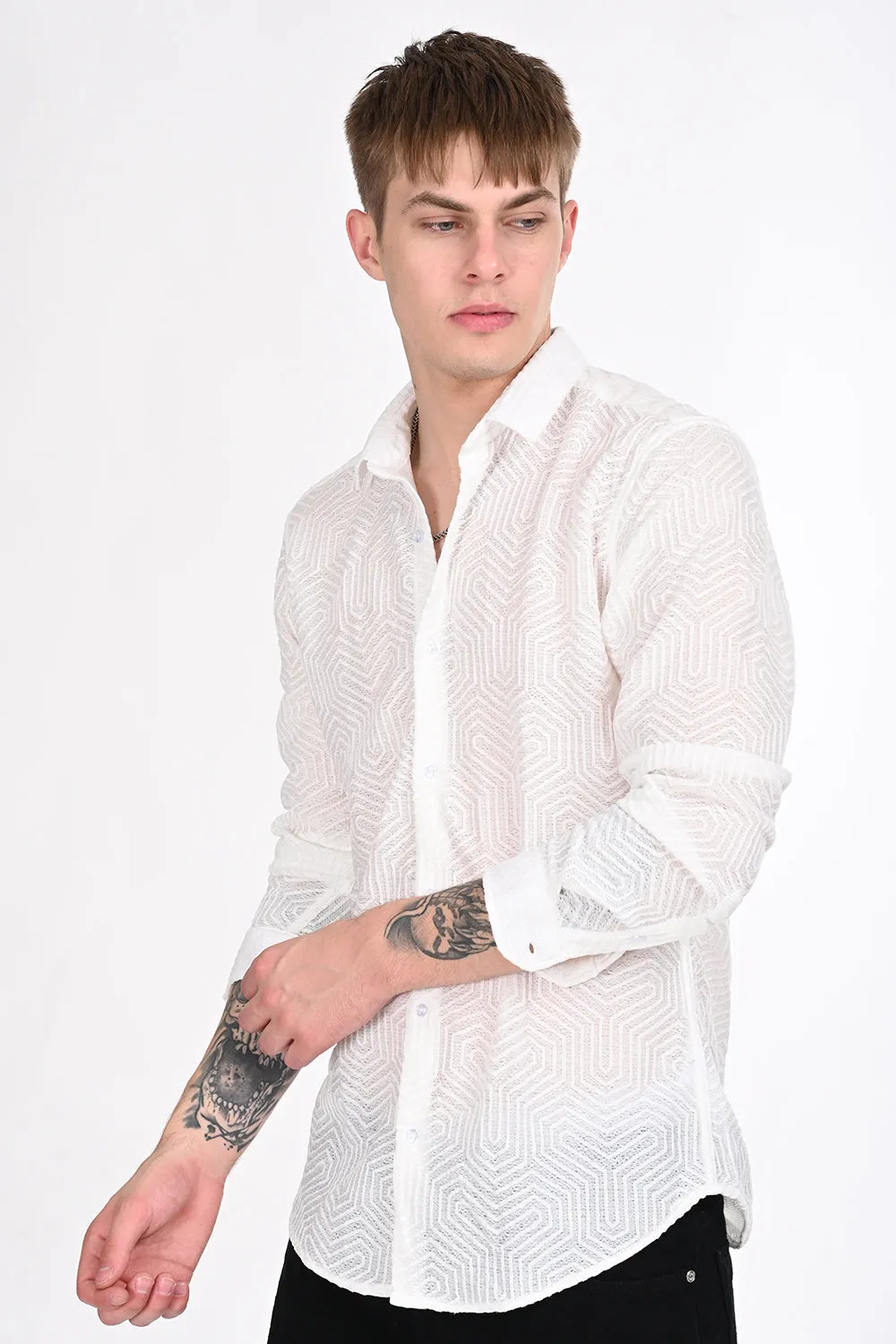 White Textured Regular Fit Shirt