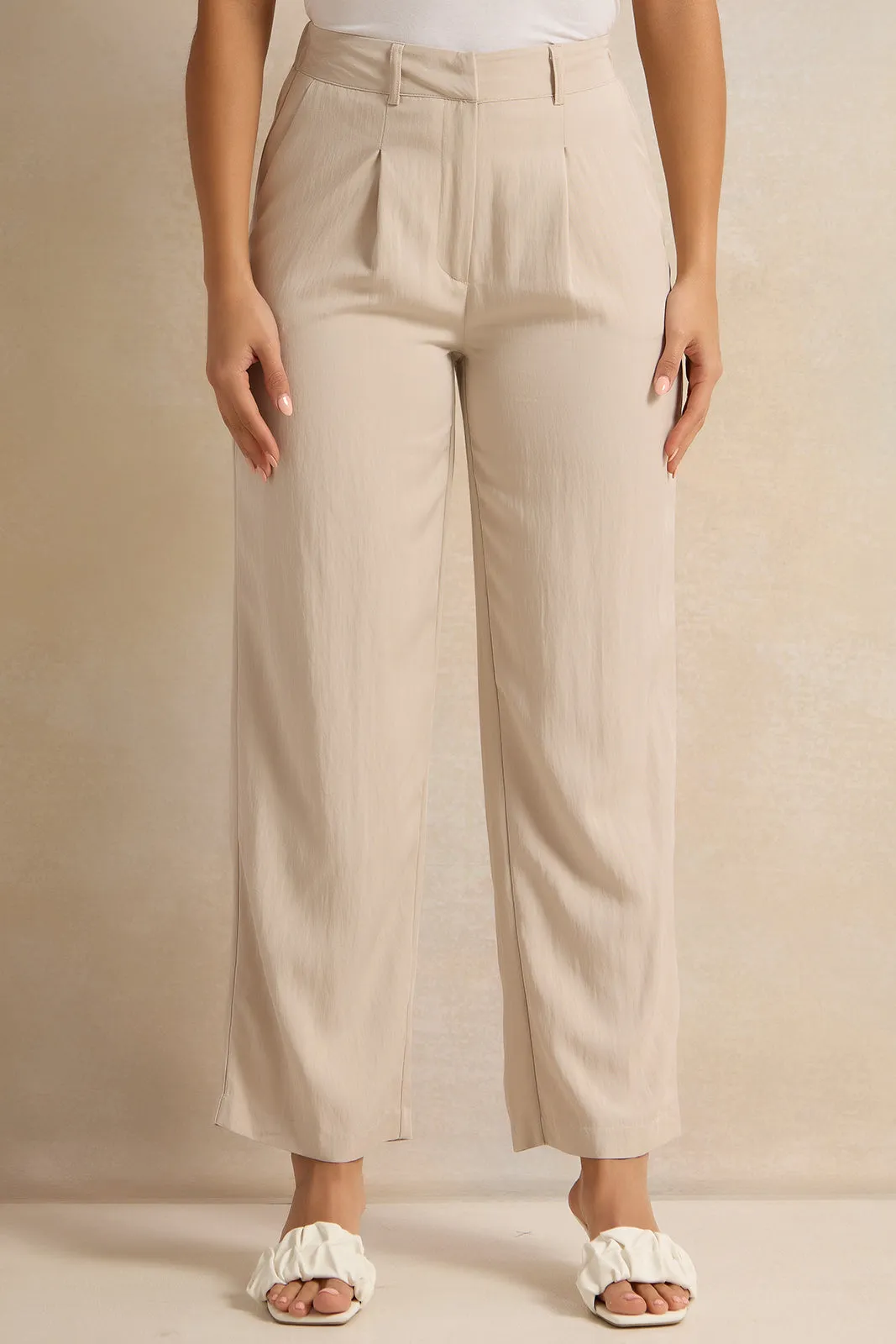Women Beige Solid Trousers